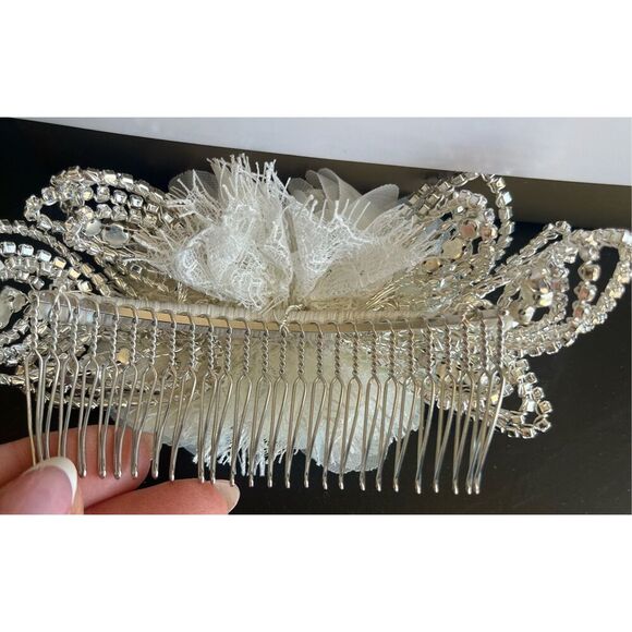 Faux Diamond and Silk Flower Wedding Hair Comb - Picture 2 of 3